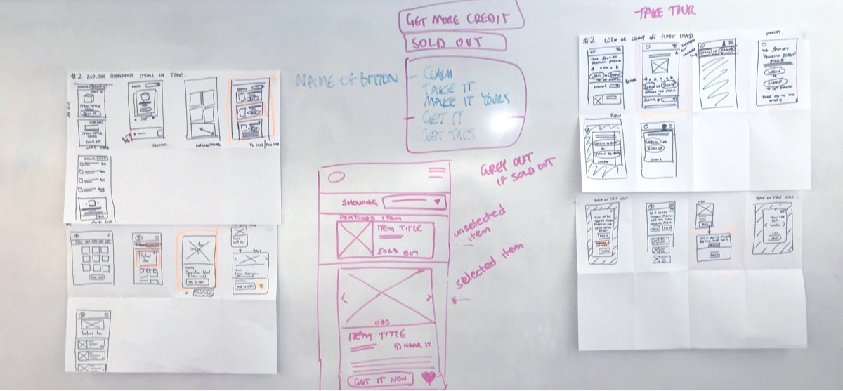 Crazy 8's sketches and annotations during a design sprint